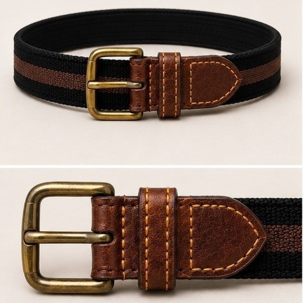 Vintage Brown Black Striped Surcingle Belt Leather Brass Buckle 32-33 Preppy Ivy